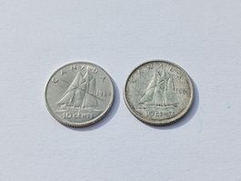 Canada 10 cents Münzen 1959 Silber, 1968 kein Silber