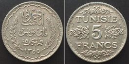 TUNISIE FRANCAISE 5 Francs AH 1355 (1936) argent SUP!