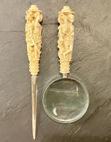 Ensemble loupe & coupe-papier sculptés en os, Asie, 1982