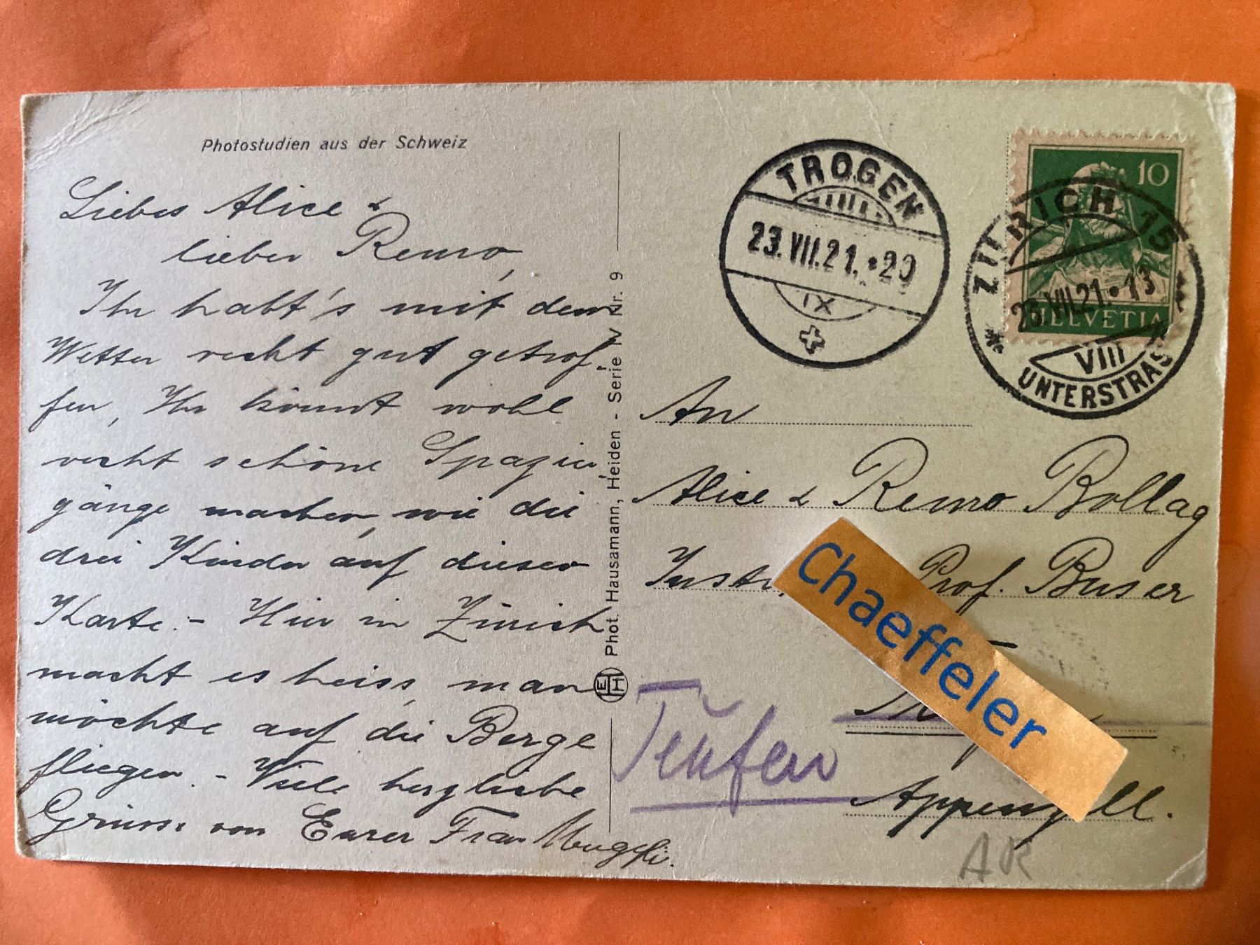 Ansichtskarten: 1921 Am Waldrand (bei Heiden) – Gebraucht aus Zürich von Chaeffeler 1