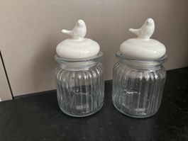 2 Glasdosen mit Vogel Deckel Set klein