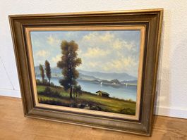 Gemälde mit Holzrahmen sig. Bosshardt, See & Bäume, 75x60cm