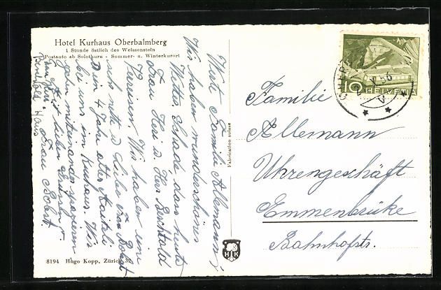 Cartoline postali: Oberbalmberg, Hotel Kurhaus Oberbalmberg – Usato da Berlin venduto da bartko-reher 1