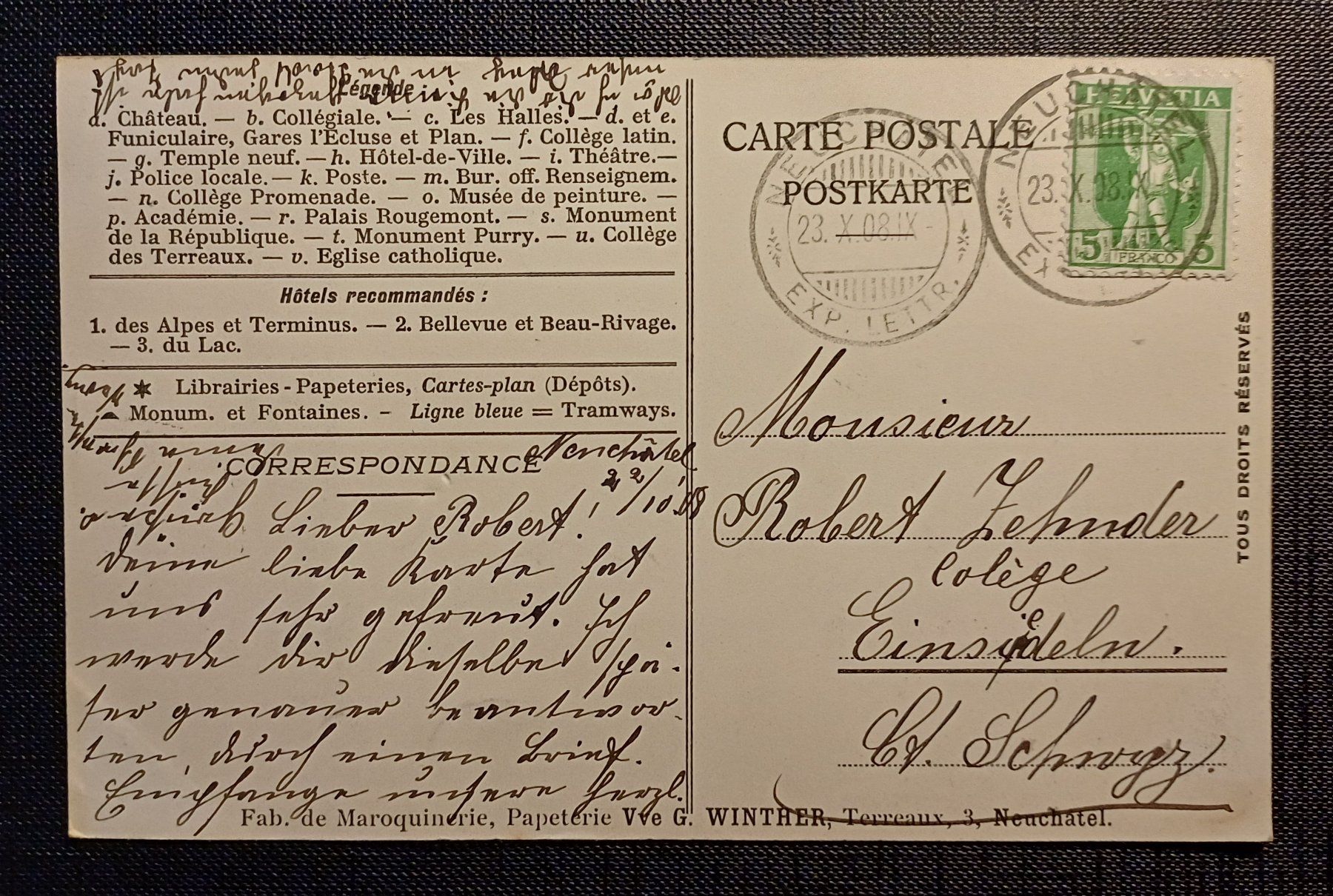 Cartes postales: AK Stadtkarte NEUCHÂTEL 1908 – D'occasion à Brittnau par simionius 1