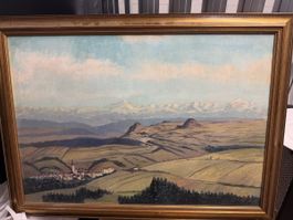 Gemälde Hegau mit Alpen mit Dorf, Ölgemälde, 1979