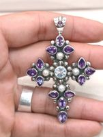 Vintage 925er Silber XL Kreuzanhänger Aquamarin Amethyst