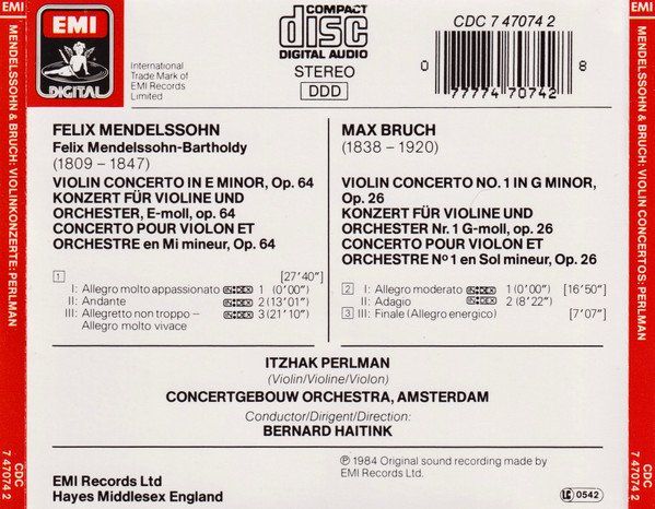 CD: Itzhak Perlman, Bernard Haitink - Max Bruch & Mendelssohn – Usato da Engelberg venduto da margol 1