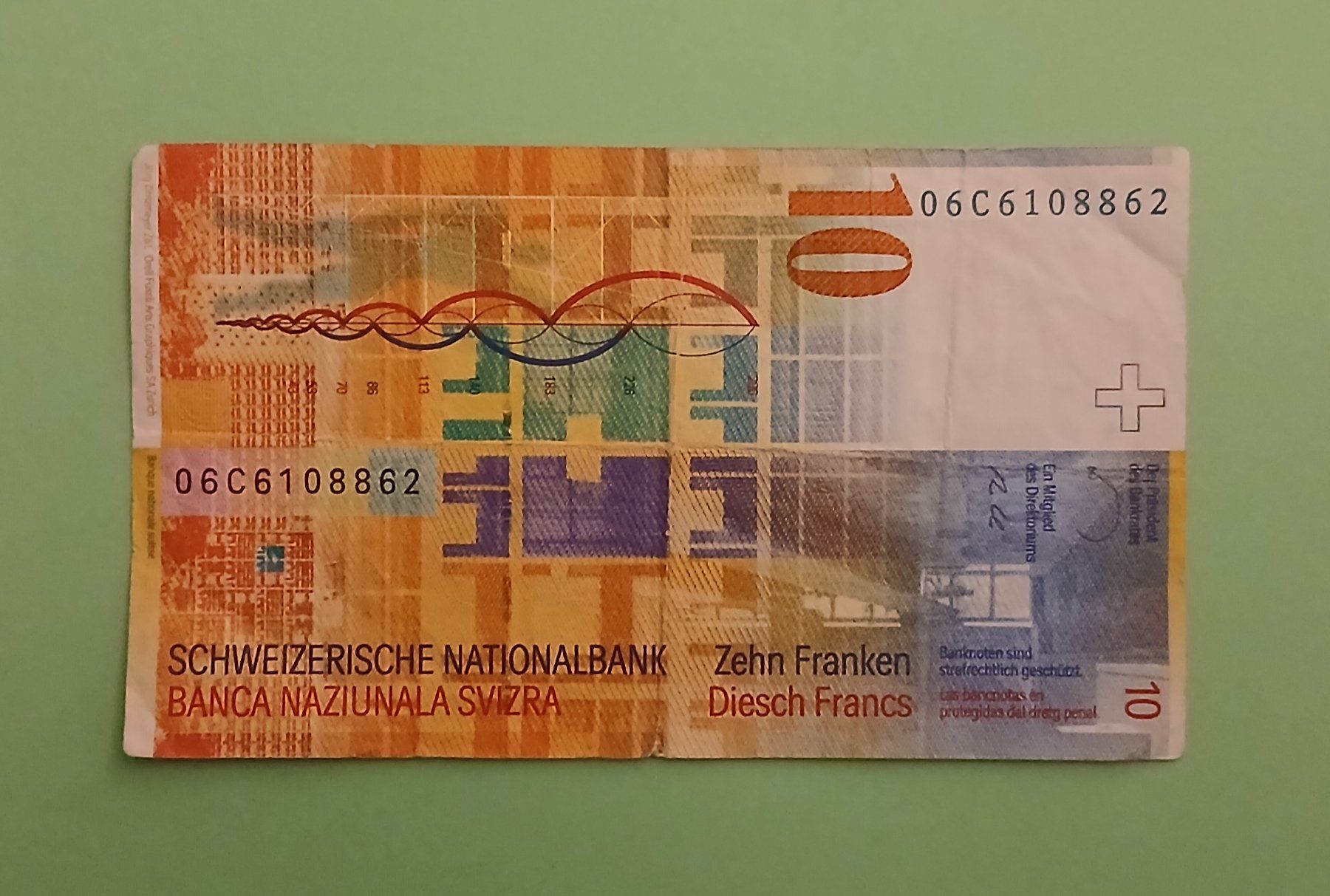 Banknoten: Schweizer Banknote 10.- Fr. (8. Serie) – Gebraucht aus Ueberstorf von Lee-Loo 1