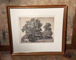 Original Radierung von Lilly Langenegger Bauernhof gerahmt