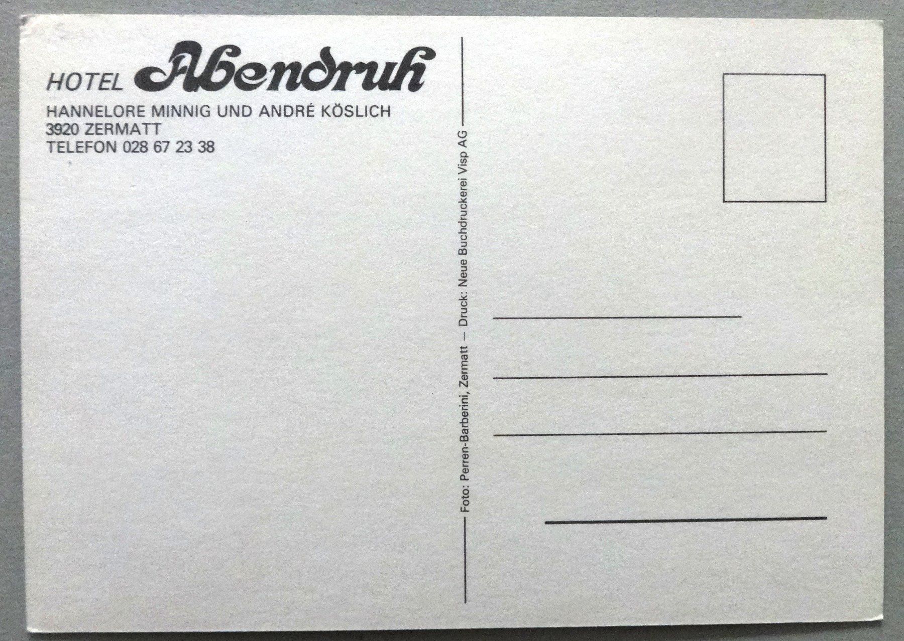 Cartoline postali: Hotel Abendruh, Zermatt – Usato da Fétigny venduto da Billy2miny 1