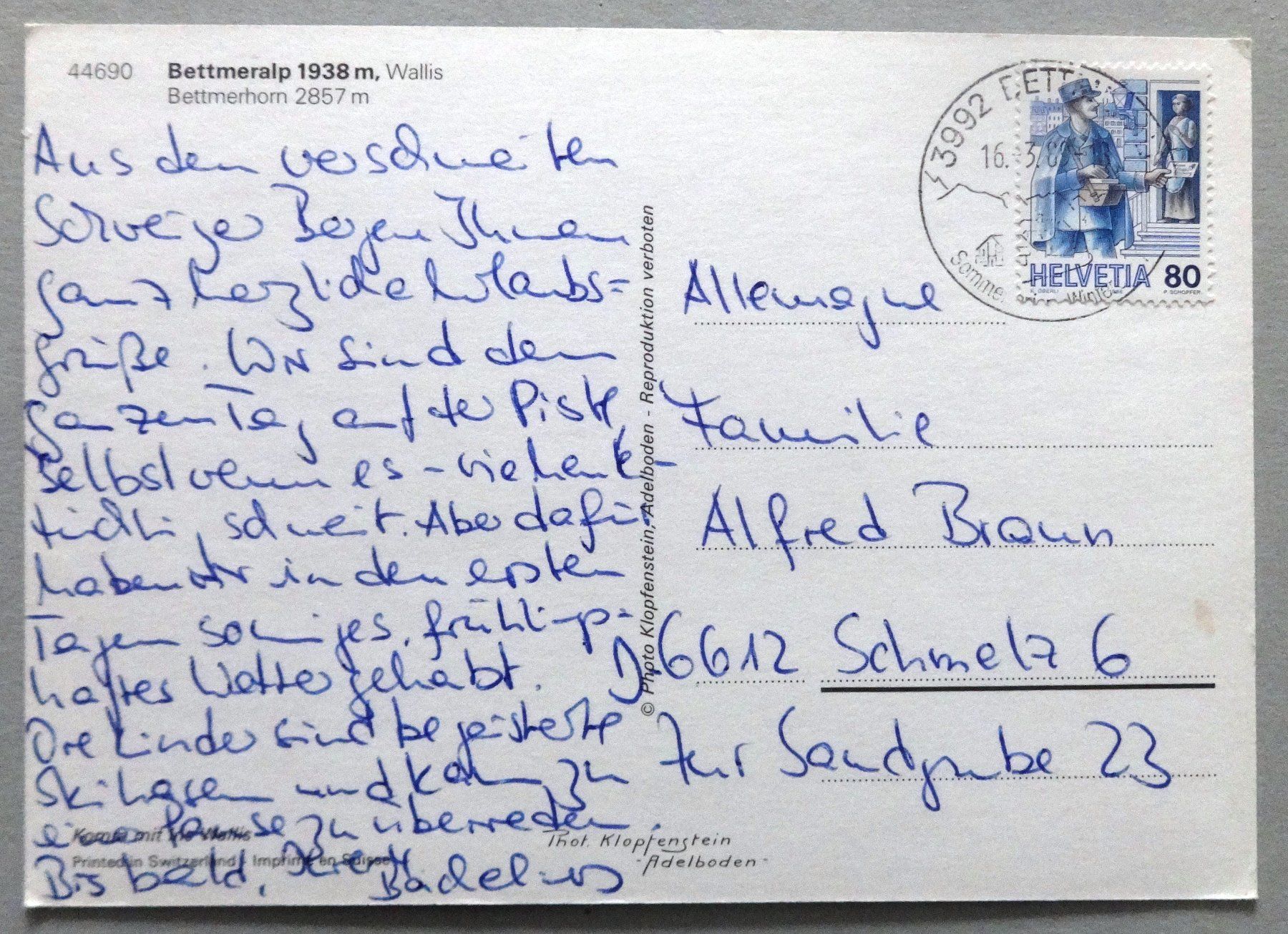 Cartoline postali: Bettmeralp 1938 m – Usato da Fétigny venduto da Billy2miny 1