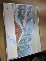 Gemälde Winterlandschaft mit Hütte, signiert A. Reber,