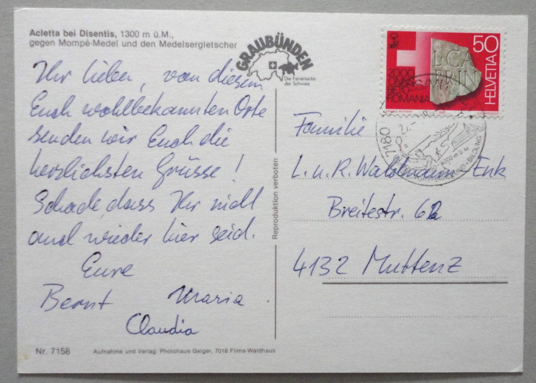 Ansichtskarten: Acletta bei Disentis 1300 m ü.M. – Gebraucht aus Fétigny von Billy2miny 1