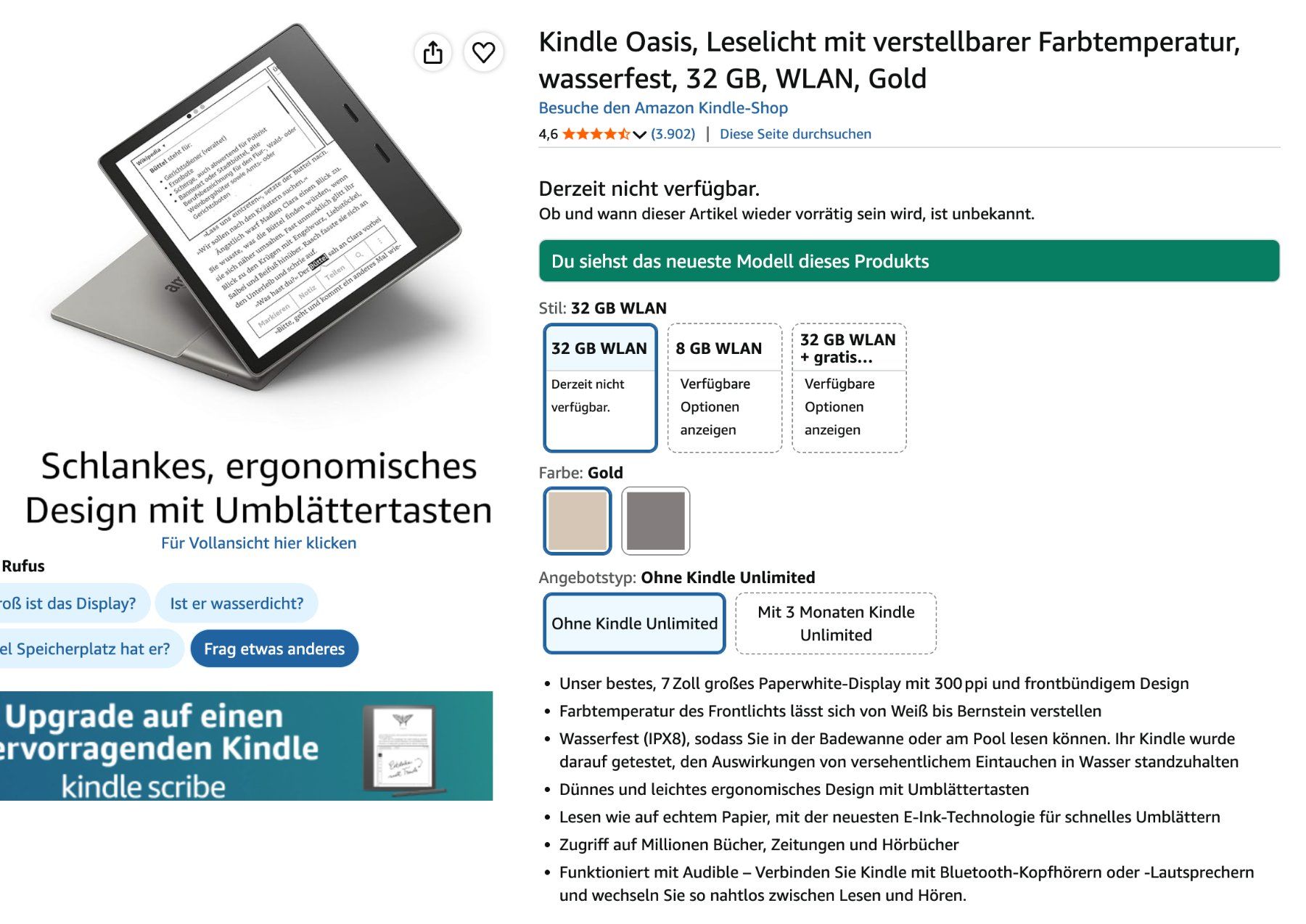 Amazon Tablet PC: Kindle Oasis E-Reader 32GB - Gold- Lederhülle Schwarz – Usato da Basel venduto da Wind_Sniffer 6