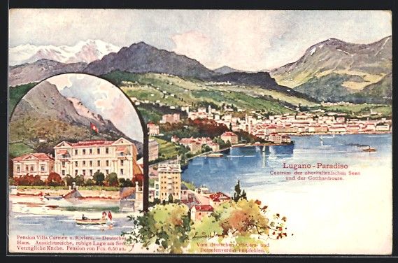 Cartoline postali: Ernst Schlemo: Lugano-Paradiso, Pension  – Usato da Berlin venduto da bartko-reher