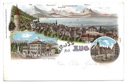 Gruss aus Zug - Stadt - Hotel Bahnhof  Hauptplatz Litho 1902