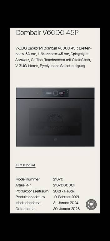 V-Zug Elettrodomestici da cucina: V-ZUG Backofen + Combi Steamer V6000 Grifflos – Usato da Magden venduto da 0007mich 3