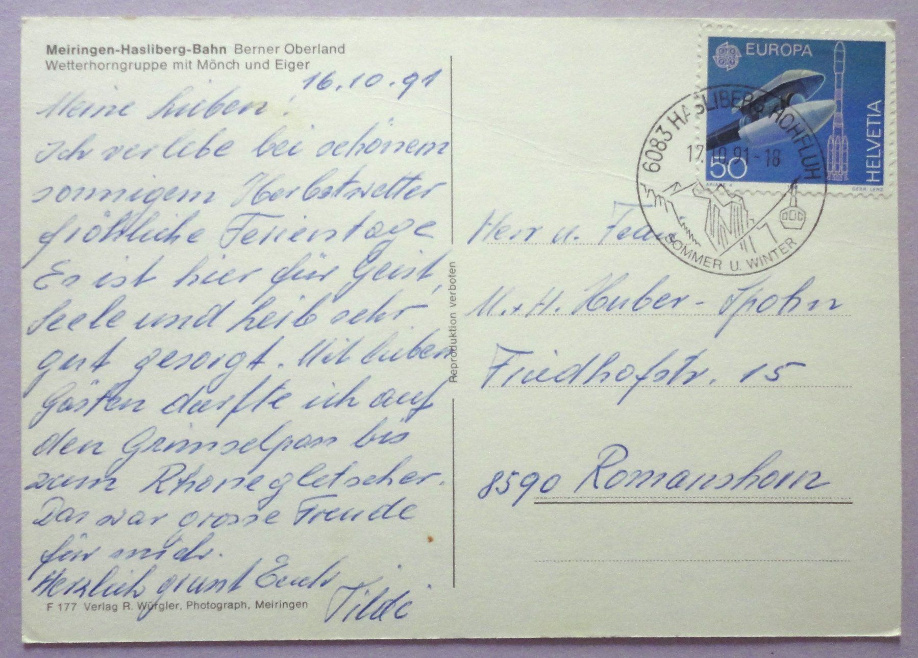 Cartoline postali: Meiringen-Hasliberg-Bahn, B.O. – Usato da Fétigny venduto da Billy2miny 1