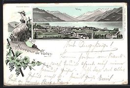 Litho Vevey, Panorama mit Ort, See und G