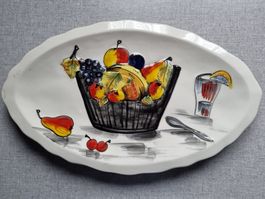Plat ovale vintage panier de fruits 45cm peint à la main