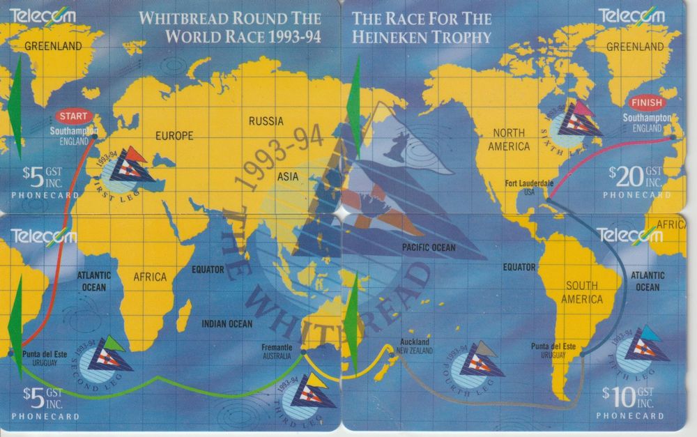4 cartes téléphonique Whitbread 1993-94, course autour monde (D ...