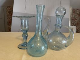 Ensemble décoratif en verre bleuté, 3 pièces uniques!