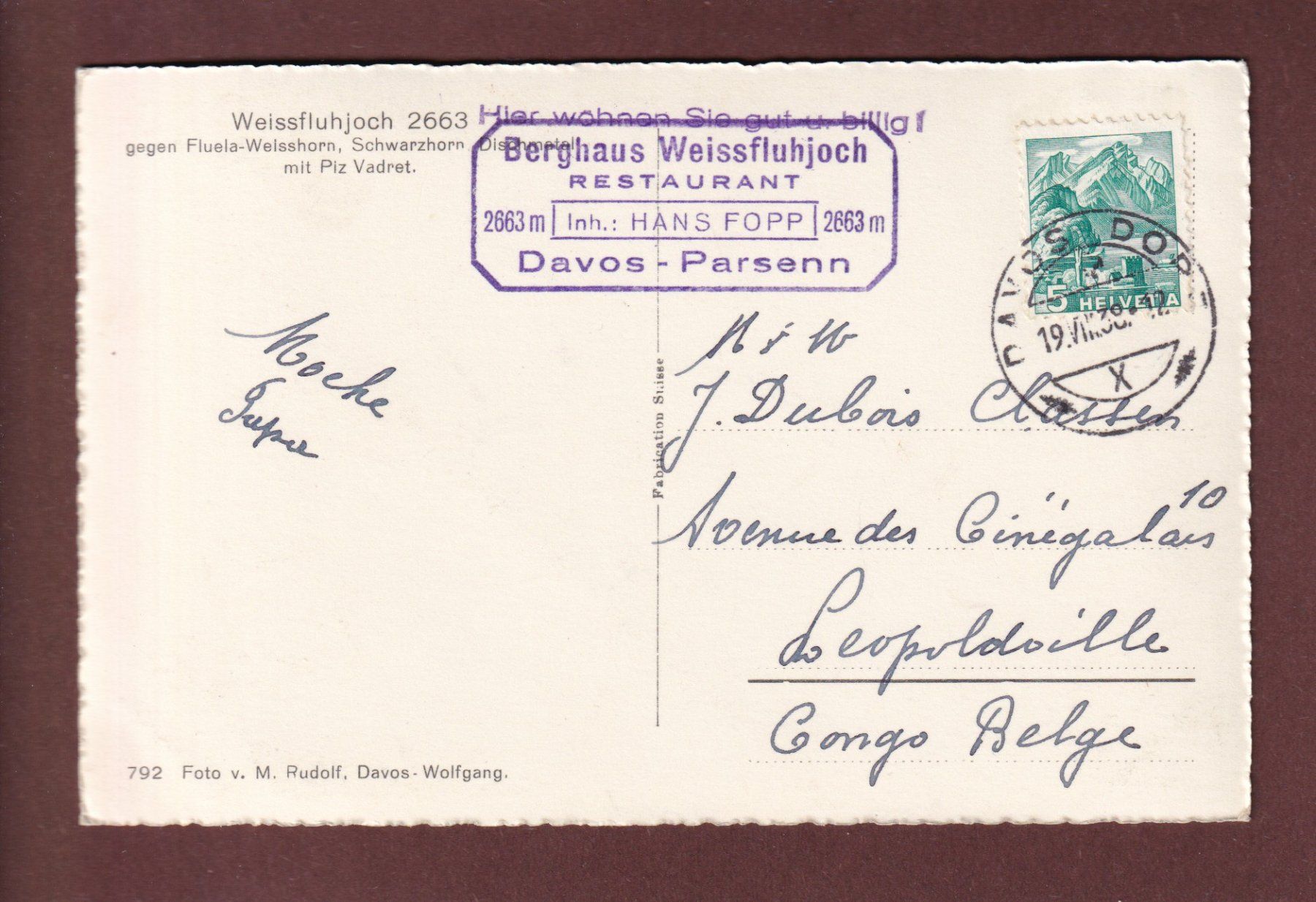 Cartoline postali: WEISSFLUHJOCH - 1938 – Usato da Pully venduto da nicecards-shop 1