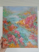 Acrylbild Blumen& Fluss bunte Farben von Hand gemalt,25x30cm