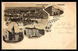 Lithographie Aarau, Neue Kantonschule, Gewerbe Museum, Kaser