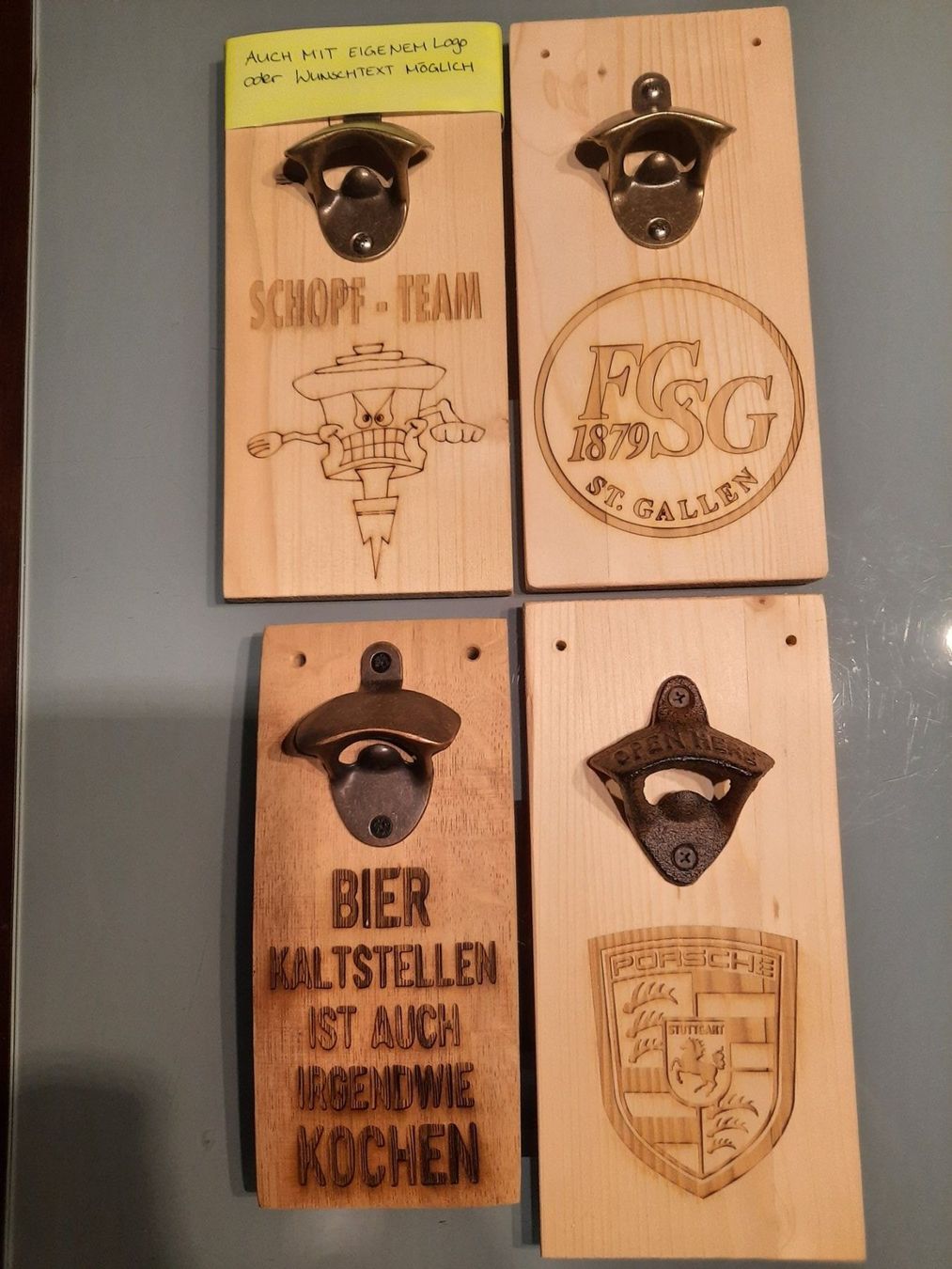 Holzartikel: Bier Flaschen Öffner Brett nach Wunsch – Neu (gemäss Beschreibung) aus Widnau von Crewo