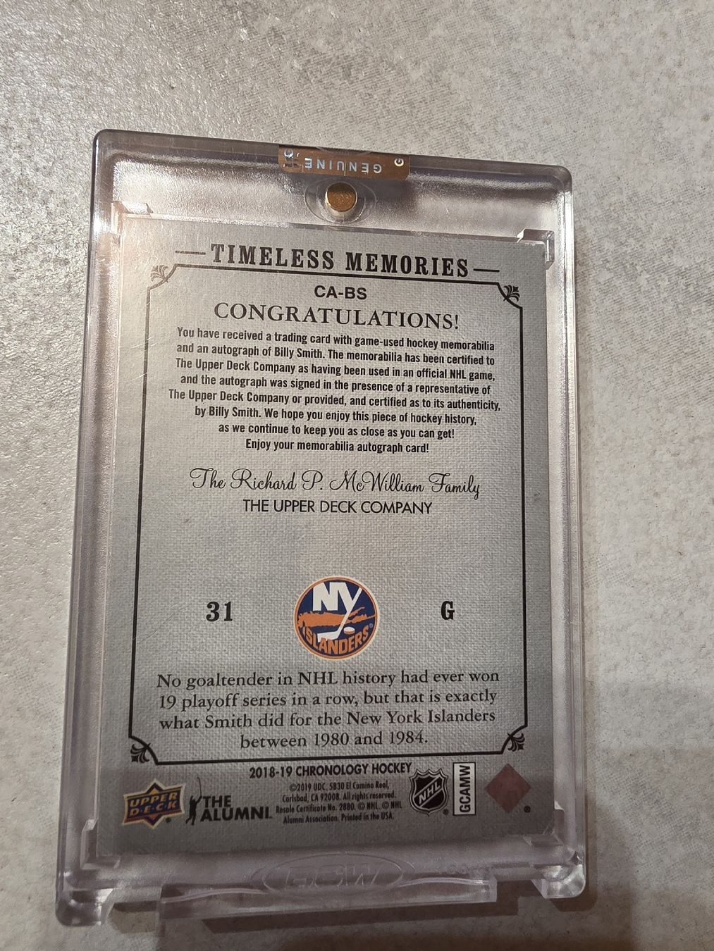 NHL Cartes à collectionner: Billy Smith Upper Deck Autograph Patch 2018 CHRONOLOGY RED – Neuf (Voir description) à Boltigen par Calagero 1