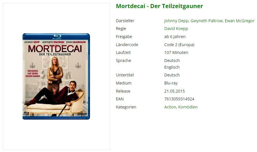 Tutti i DVDs: Mortdecai - Der Teilzeitgauner - Bluray – Usato da Buchrain venduto da Sssschaller