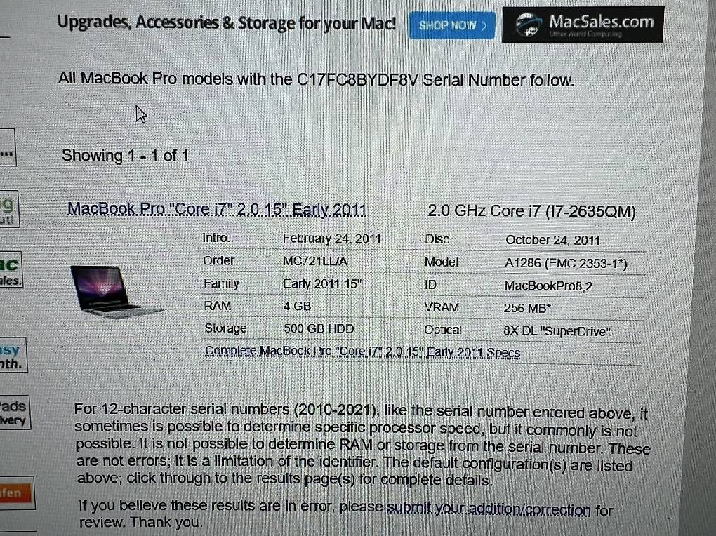 Apple Notebook: Apple MacBook Pro 15 A1286 Early 2011 i7 128GB SSD – Difettoso da Sempach venduto da KevinT. 4