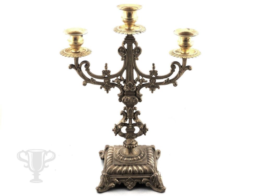 Candélabre Ancien 3 Lumières En Laiton Et Marbre, Girandole Vintage 1950