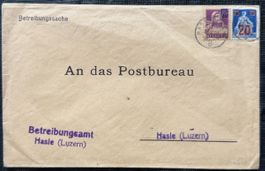 Betreibungssache an Postbüro Hasle (Luzern) Umschlag