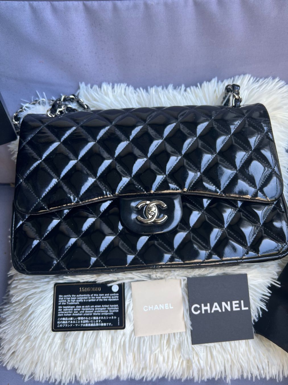 Chanel Borse da donna: Chanel Timeless Double Flap Schwarz Lackleder Jumbo fullset – Usato da Zürich venduto da jia_57tp