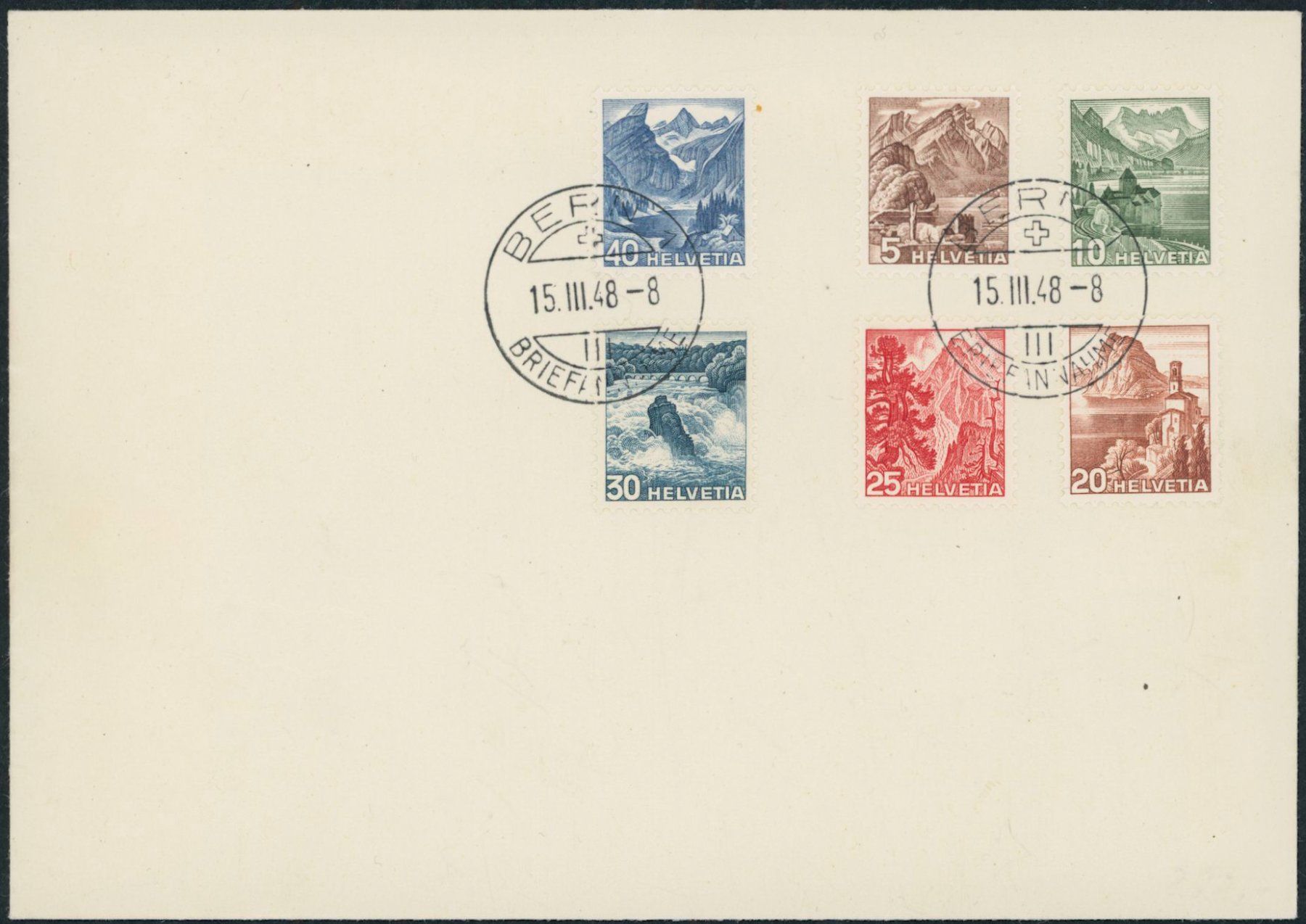 Tutti i francobolli: 1948 - Landschaftsbilder - Ersttagsbrief FDC ET – Usato da Schindellegi venduto da leecollect