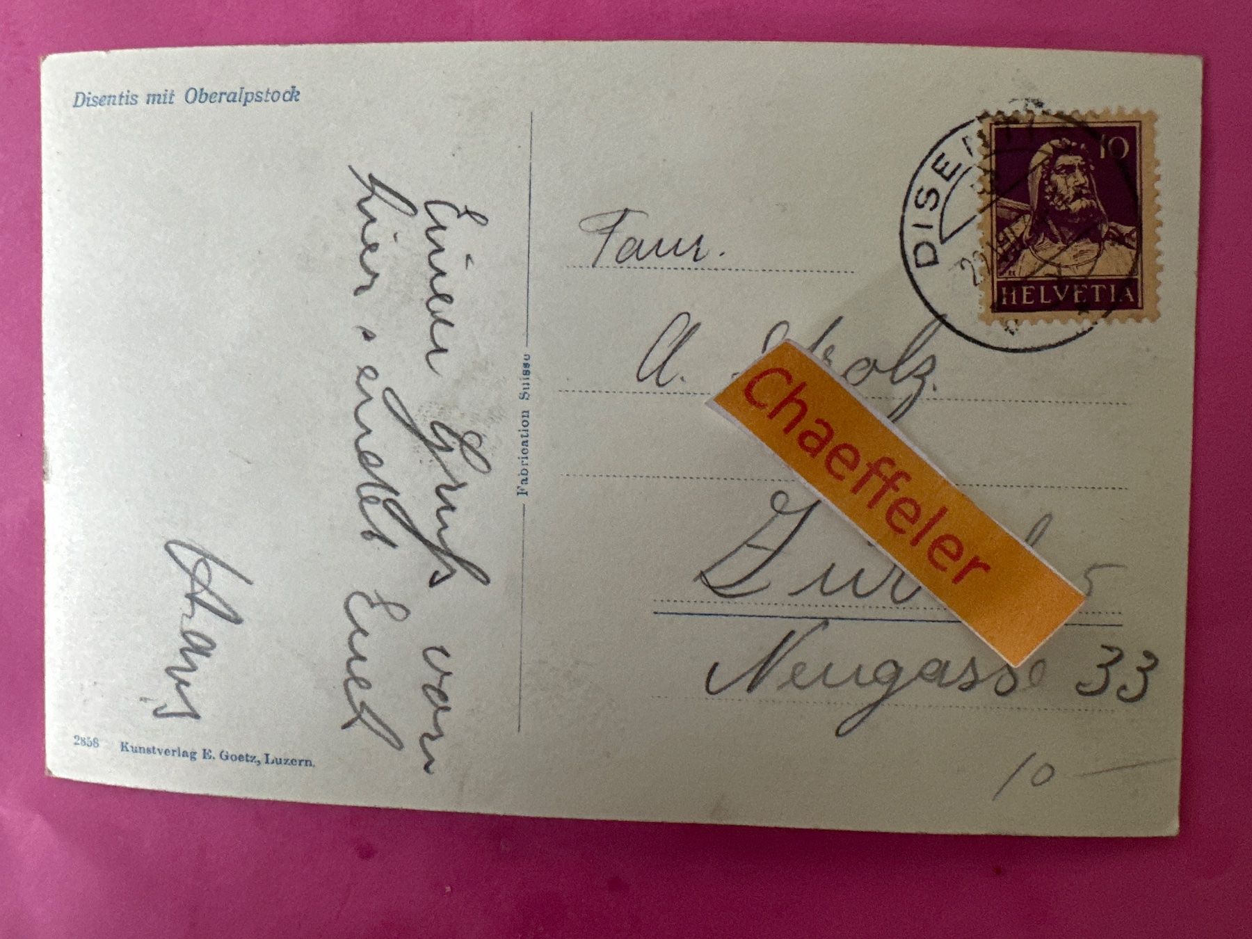 Cartoline postali: 1934 Disentis mit Oberalpstock – Usato da Zürich venduto da Chaeffeler 1