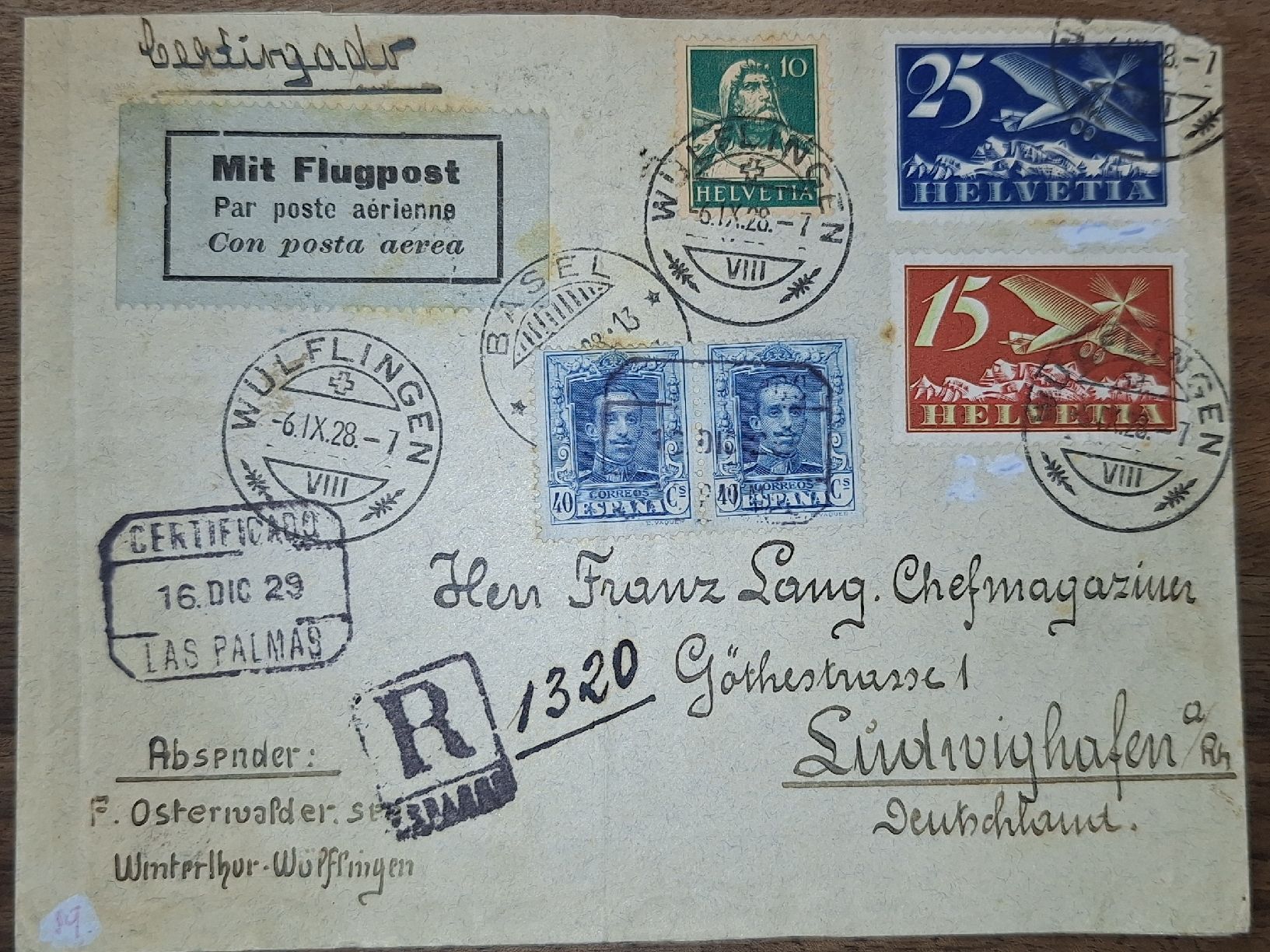 Tutti i francobolli: Flugpostbrief ab Wülflingen / Las Palmas  – Usato da Balgach venduto da SIMEON27