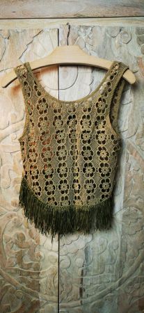 Gehäkeltes Top, Fransen, Crochet, Sommer, Strick, Olive - S