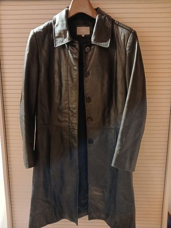 Long "Per Una" (M&S) lined black leather coat size 10