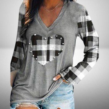 🩶 Süßes Langarmshirt mit Herzmuster & V-Ausschnitt 💖💫