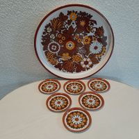 Vintage 70er Jahre Serviertablett u. 6 Untersetzer Space Age