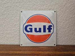 Emailschild Gulf Oil Logo Tanksäule Garage Emaille Schild