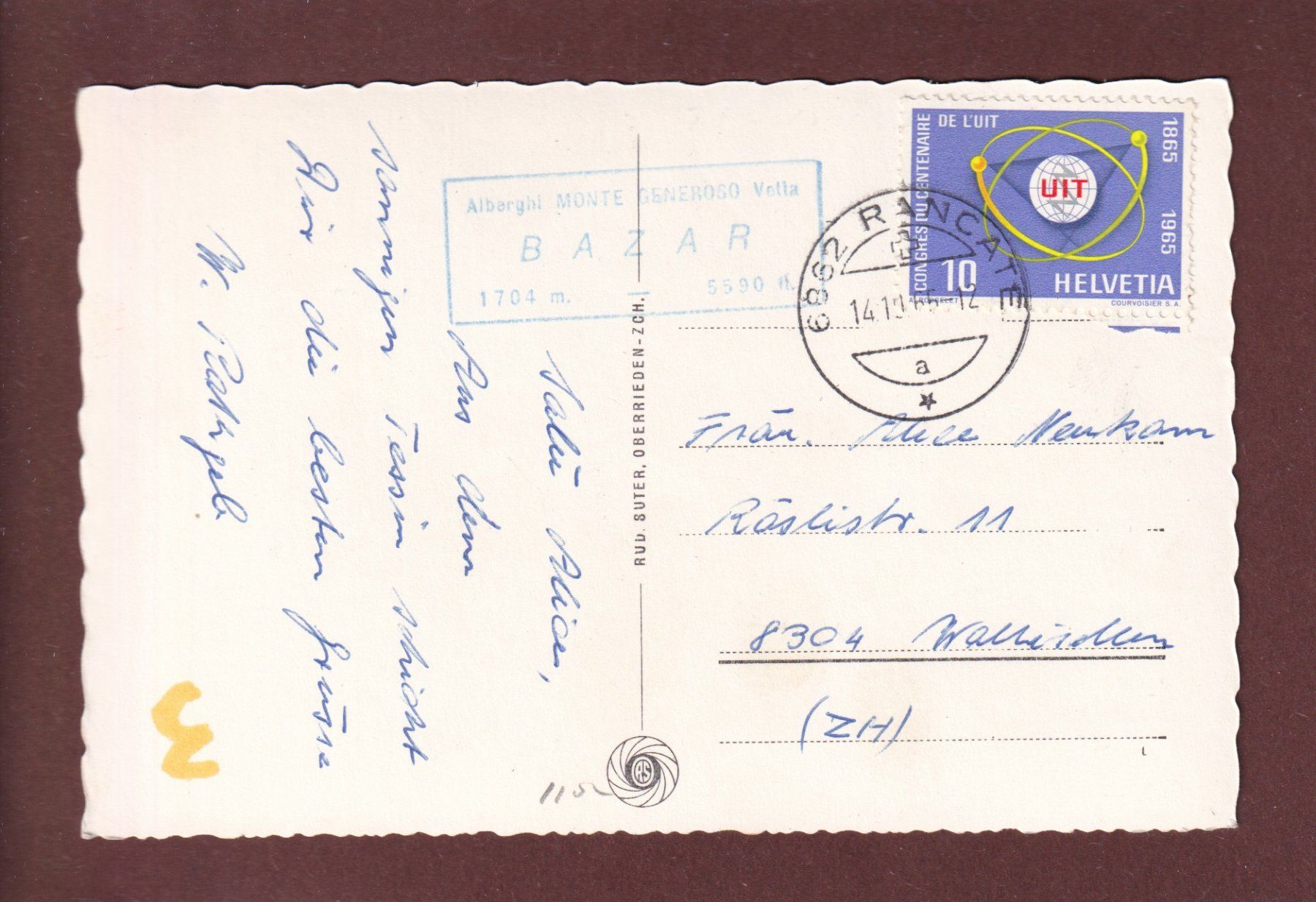 Cartoline postali: MONTE GENEROSO - 1965 – Usato da Pully venduto da nicecards 1