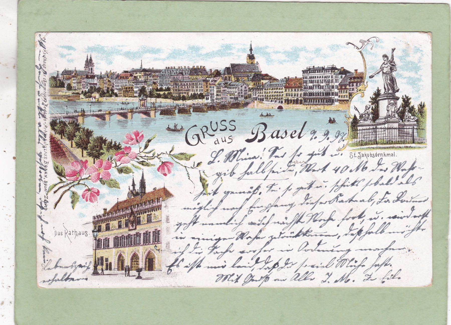Cartoline postali: Basel Rathaus St. Jakobsdenkmal 1898 – Usato da Herisau venduto da Lisegrat2008