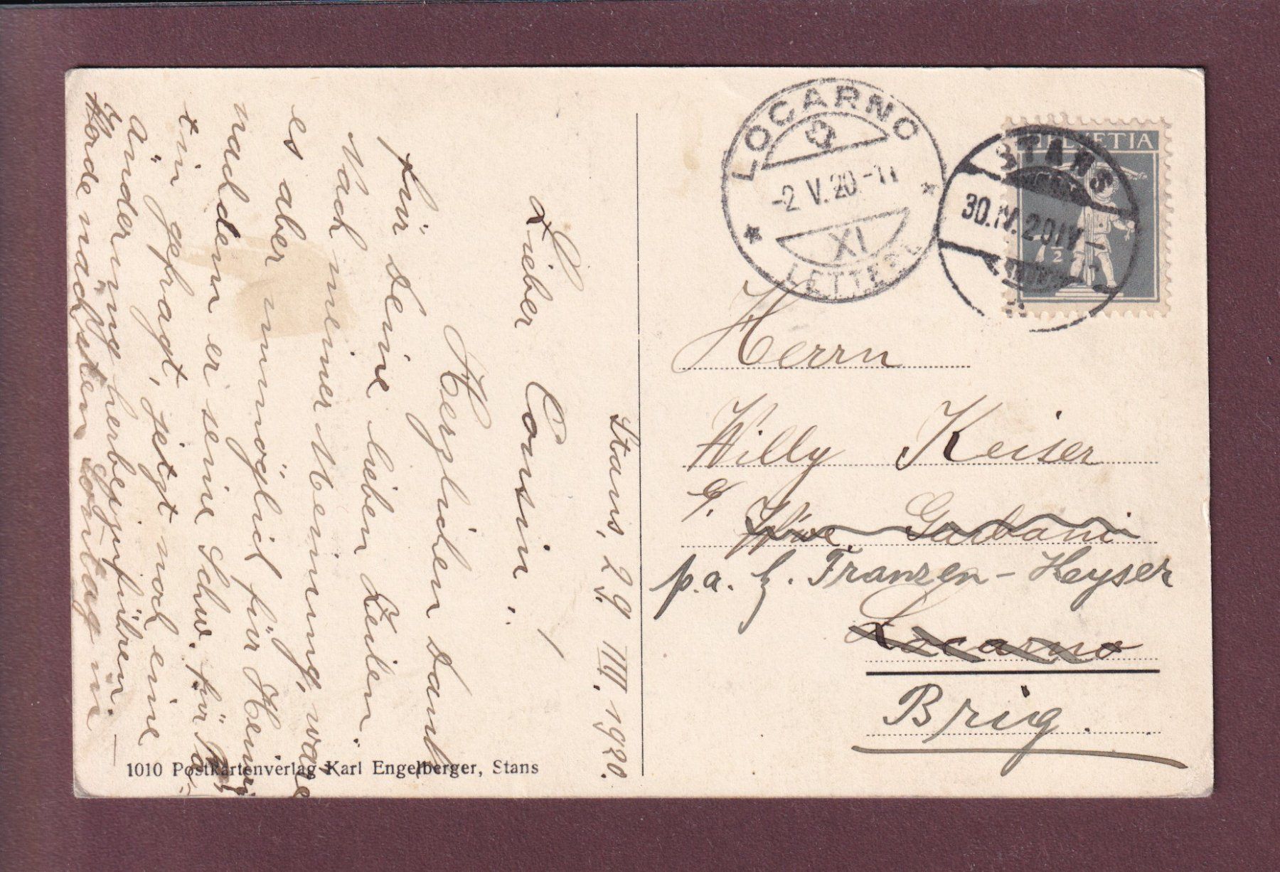 Cartoline postali: STANS - Winkelrieddenkmal - 1920 – Usato da Pully venduto da nicecards 1
