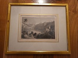 Alte, gerahmte Grafik vom Vierwaldstättersee mit Schloss