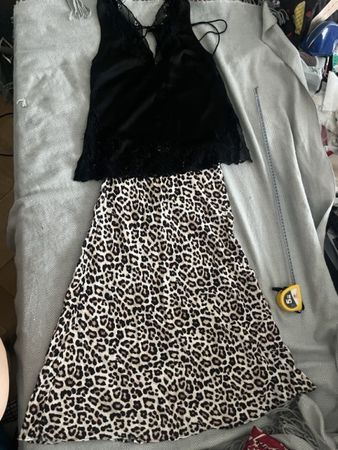 Damen Top und Rock Set Leopard Print schwarz 