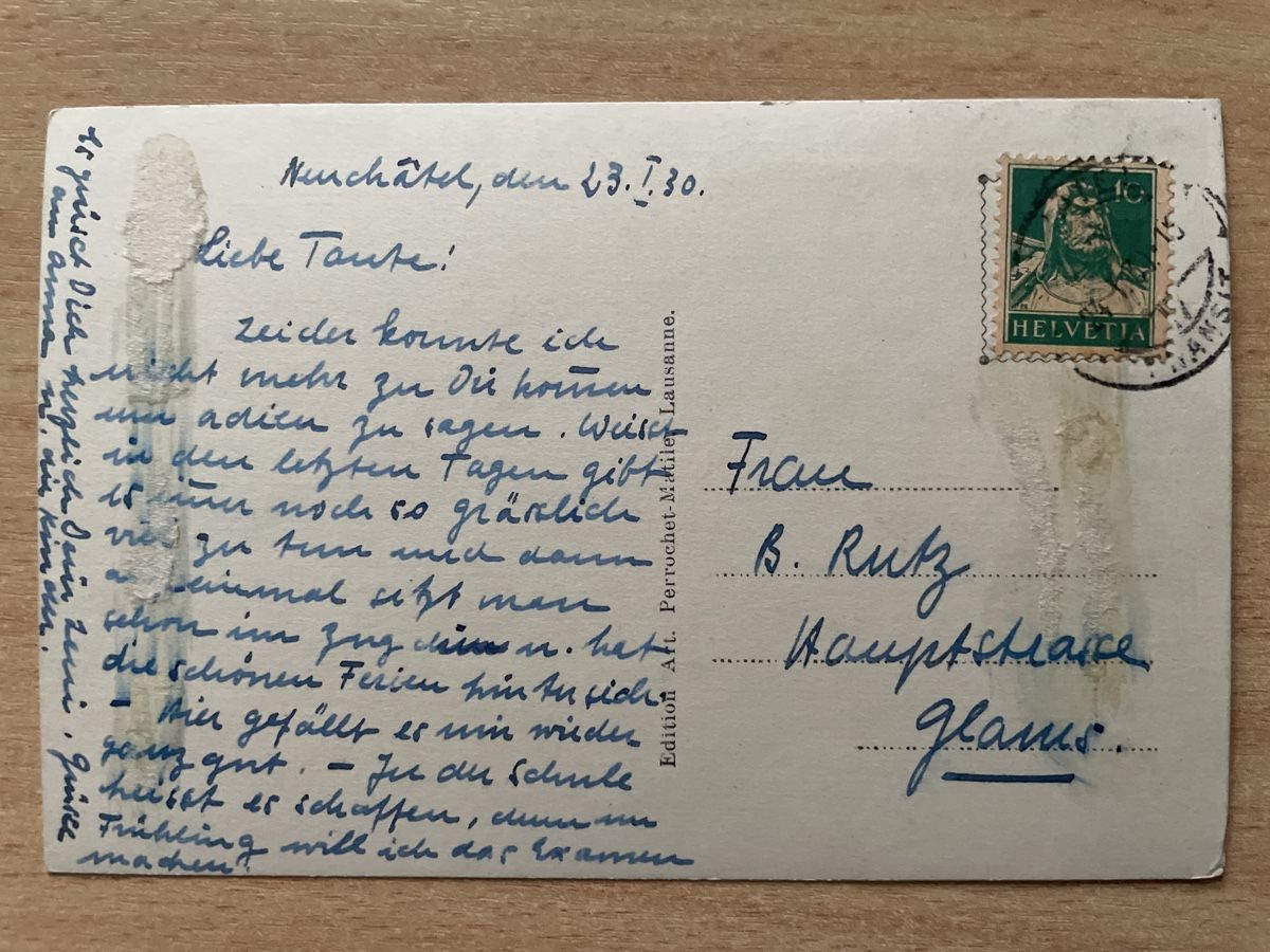 Cartoline postali: Alte Ansichtskarte Neuchâtel 1930, nach Glarus – Usato da Neuhausen am Rheinfall venduto da Arielle55 1